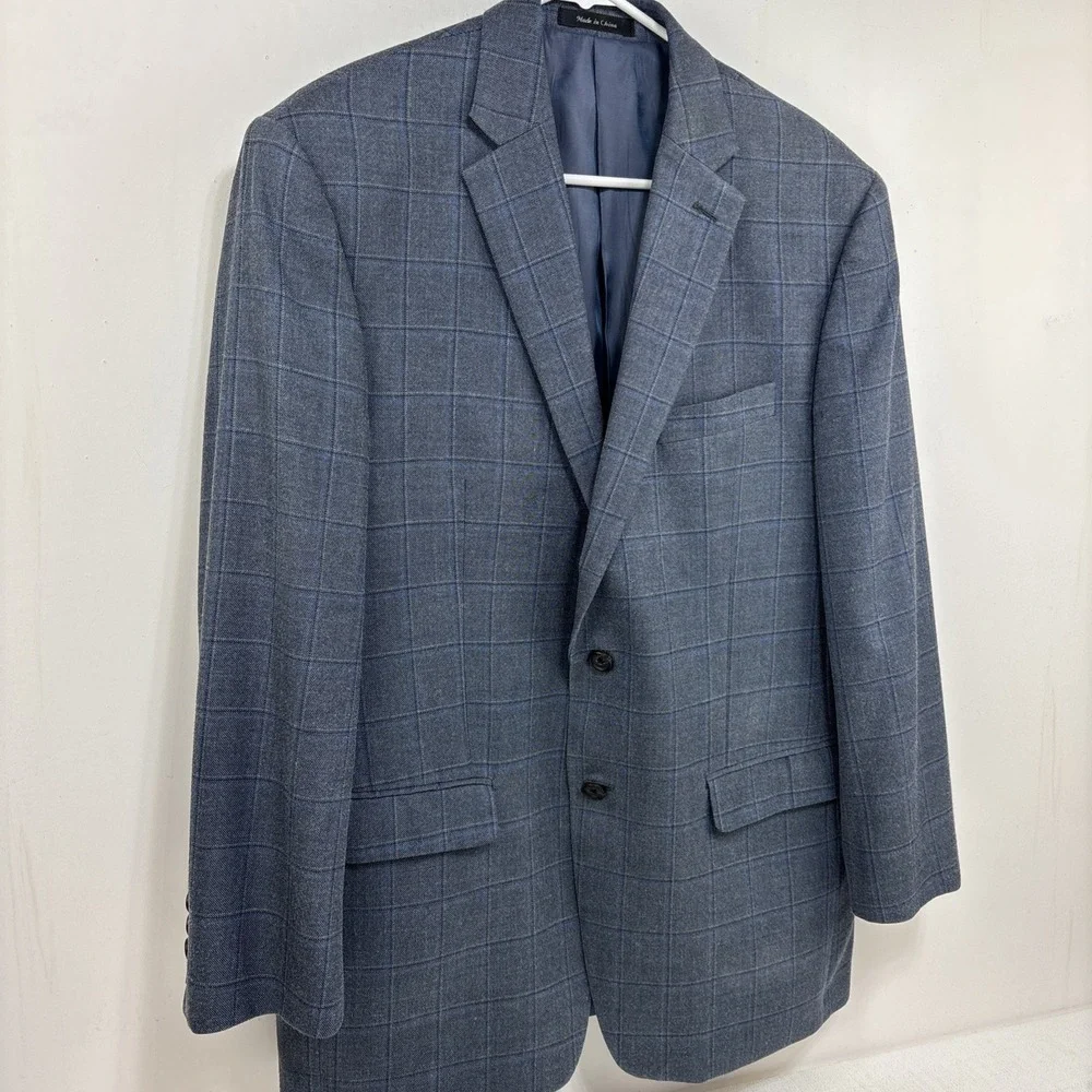 Ralph Lauren Mens Wool Silk Blazer Gray Blue Windowpane‎ Plaid Suit Jacket 42R